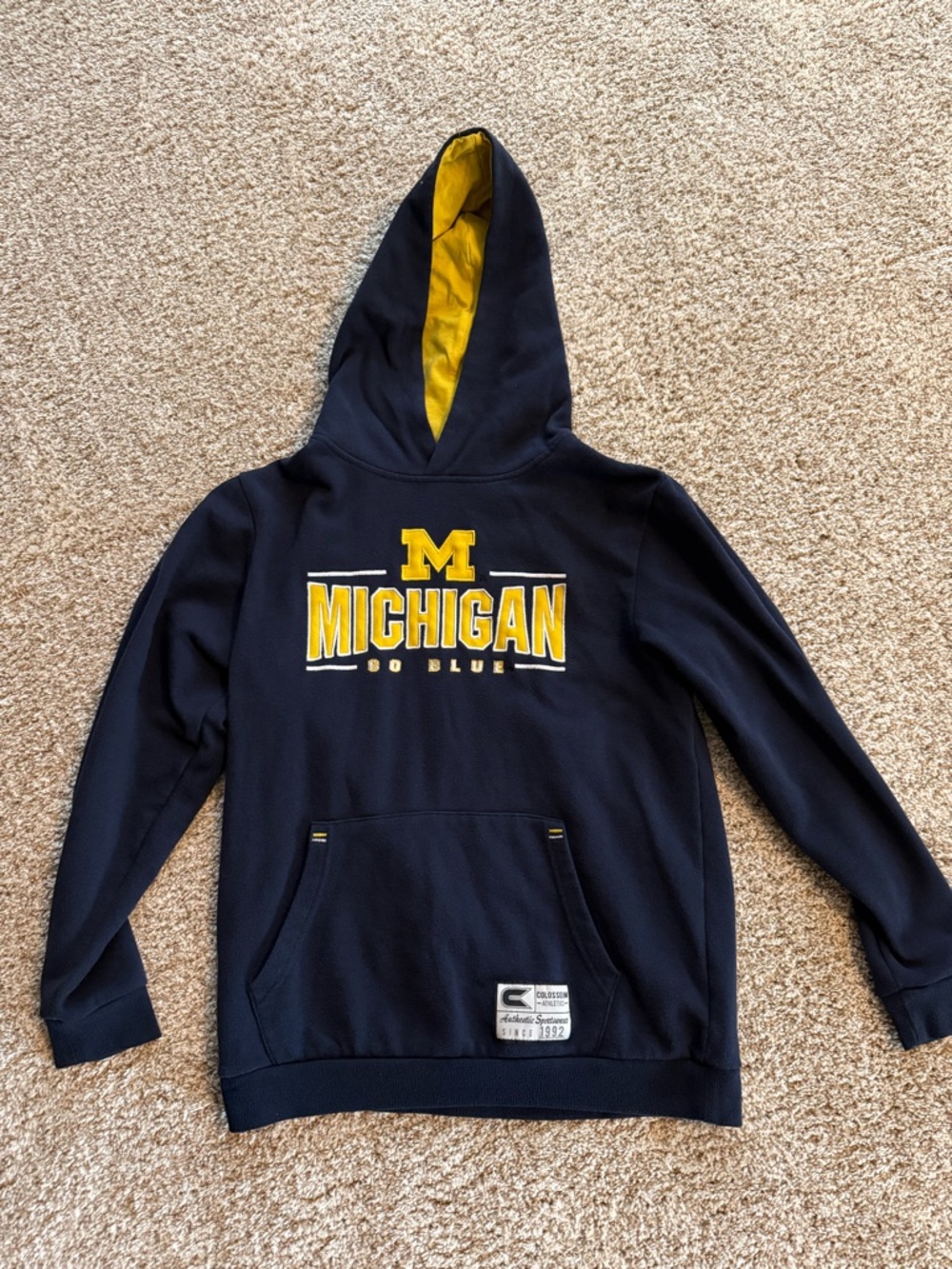 University of Michigan Colosseum Navy Hoodie with White Label and Yellow Accent
